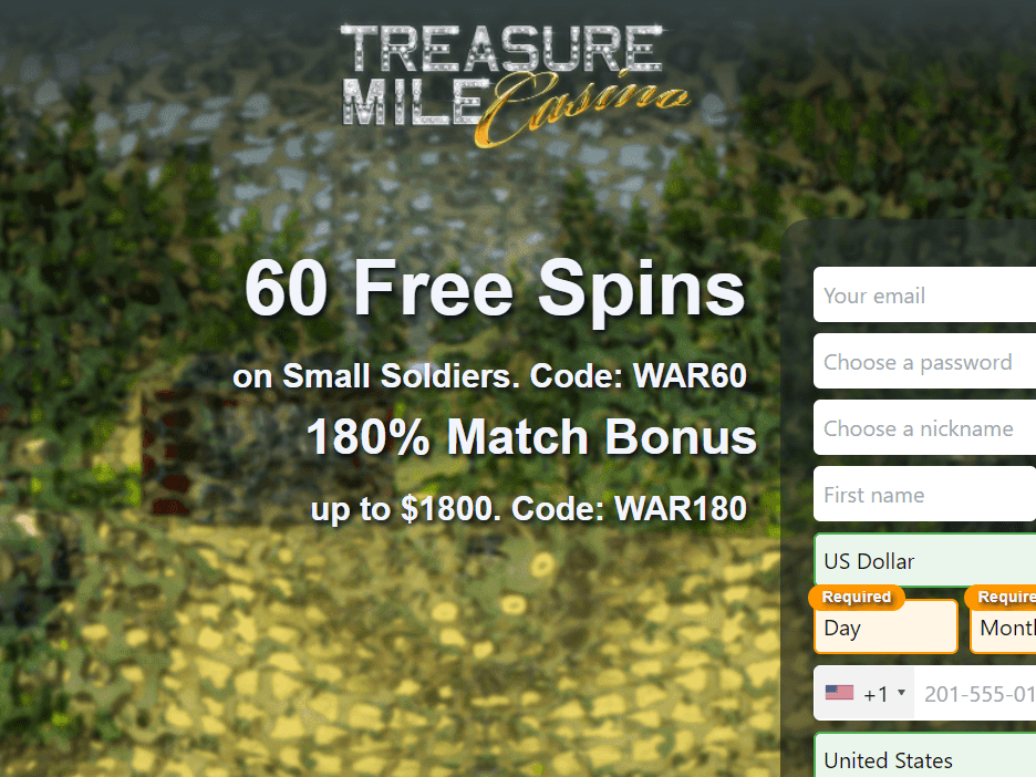 180% Match Bonus up to $1800 on Treasure Mile Casino
