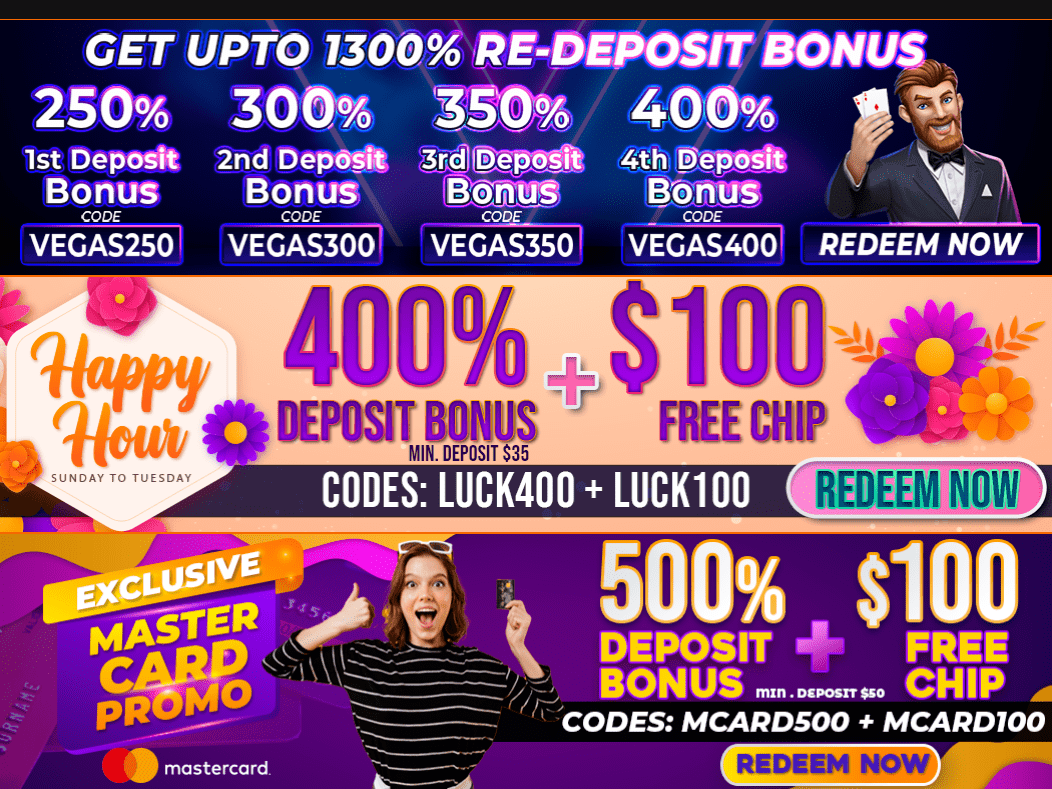 Vegas Rush Reload Bonus: 400% deposit bonus + $100 Free Chips