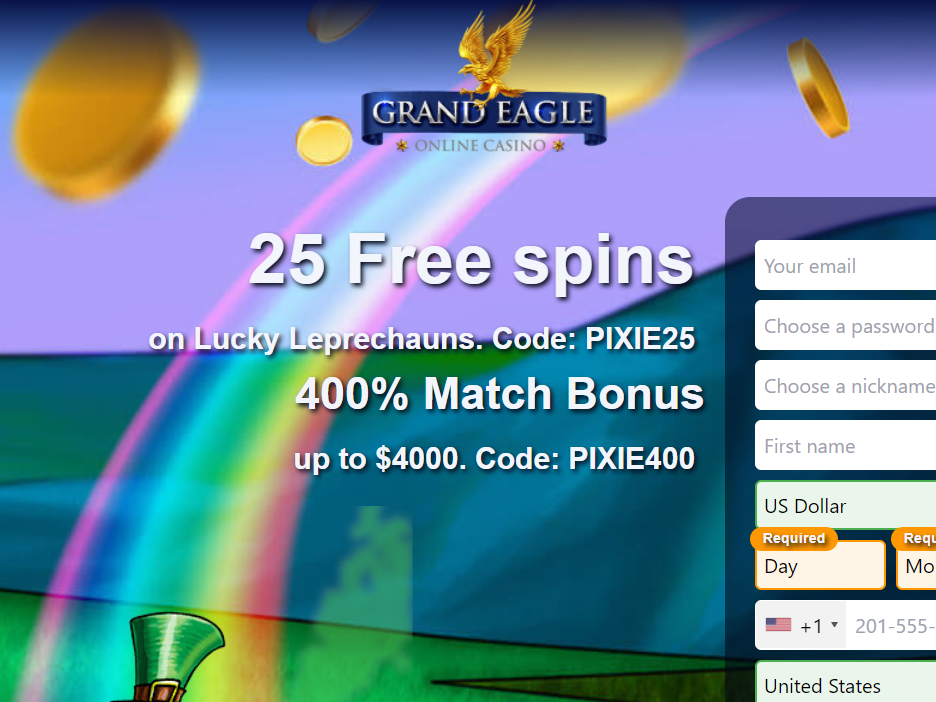 25 Free spins on Lucky Leprechauns in Grand Eagle Casino