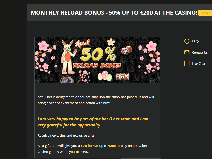Bet o bet Casino 50% up to 200€/$ on April