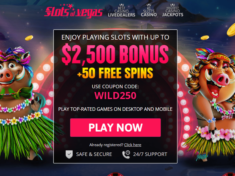 250% up to 2500$ + 50 FS on Slots of Vegas Casino