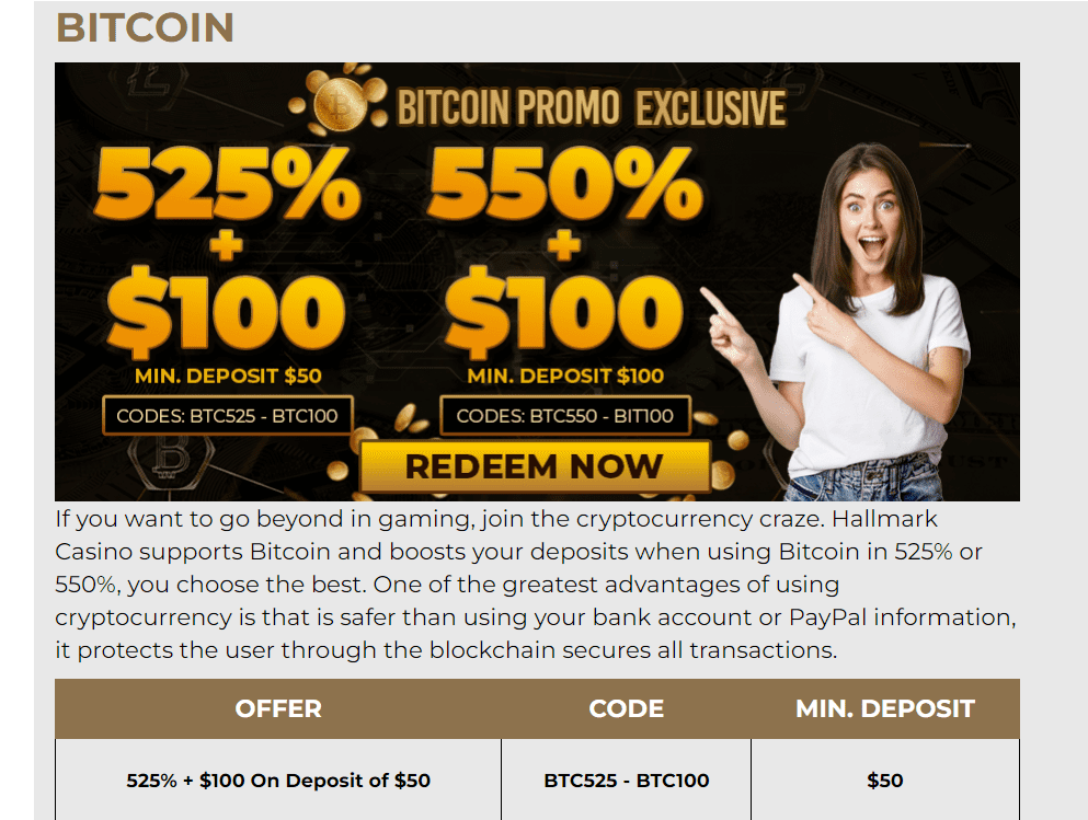 Hallmark Casino Bitcoin Bonus: 525% or 550% + $100 Free Chip