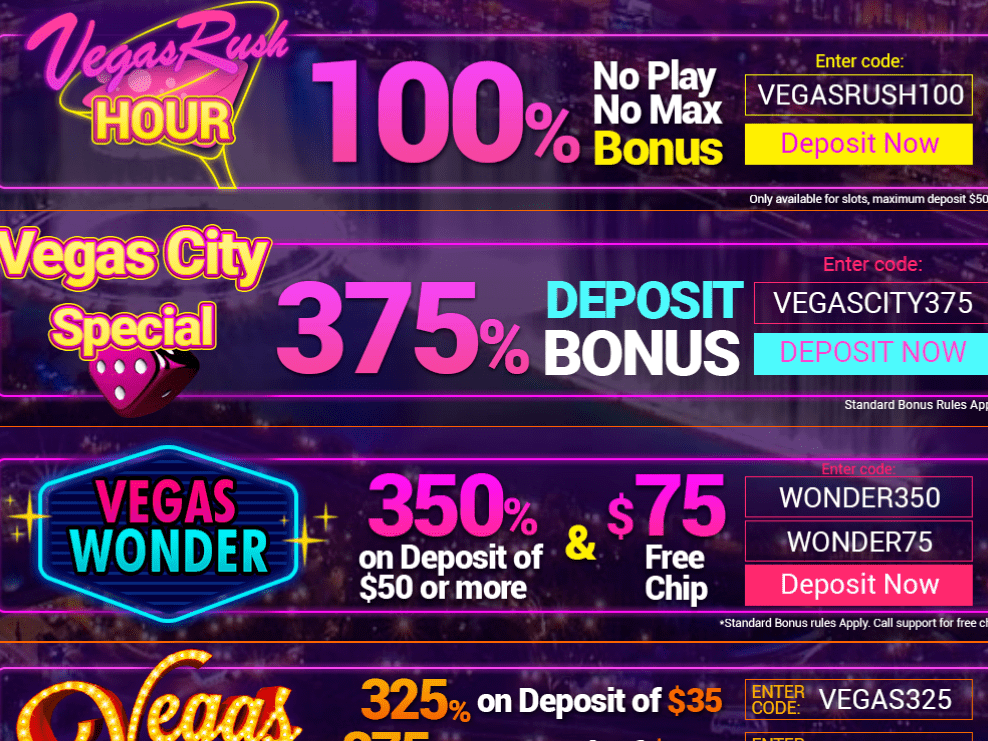 Vegas Rush Casino Bonus: 100% up to $500 with No Wagering