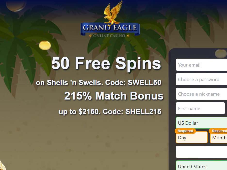50 Free Spins on Shells 'n Swells in Grand Eagle Casino