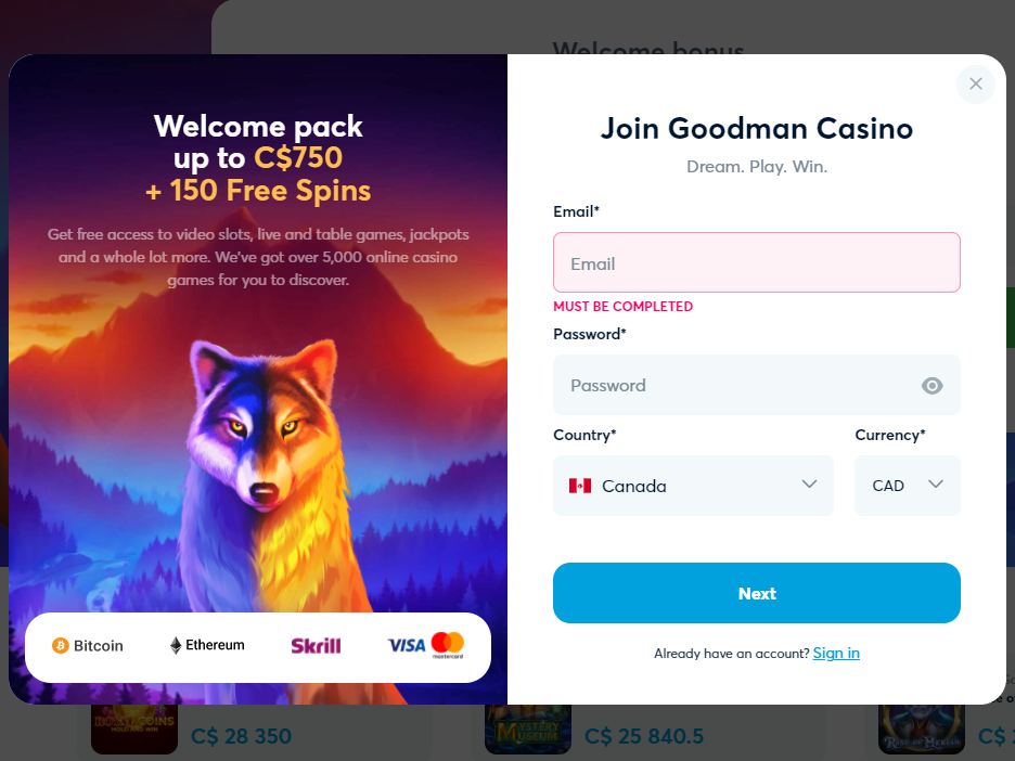 Goodman Casino: 50% up to €250 (1.5 BTC)