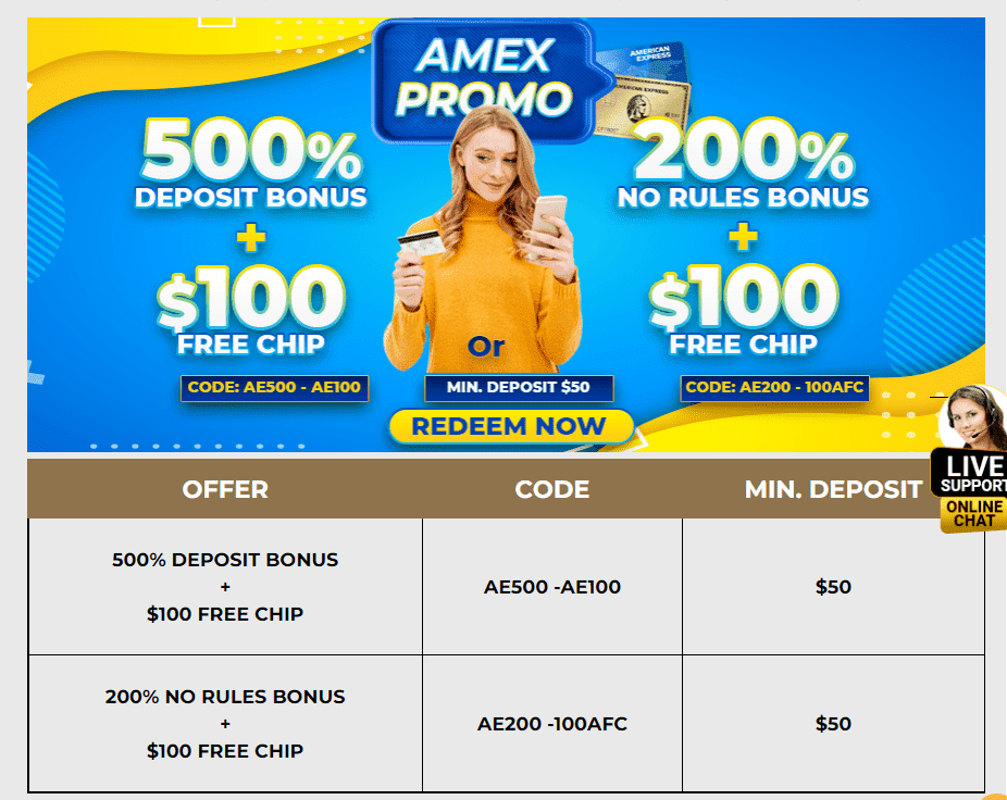 Hallmark Casino AMEX 500% Bonus or a 200% No Rules Bonus + $100 Free Chip