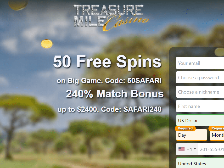240% Match Bonus up to $2400 on Treasure Mile Casino