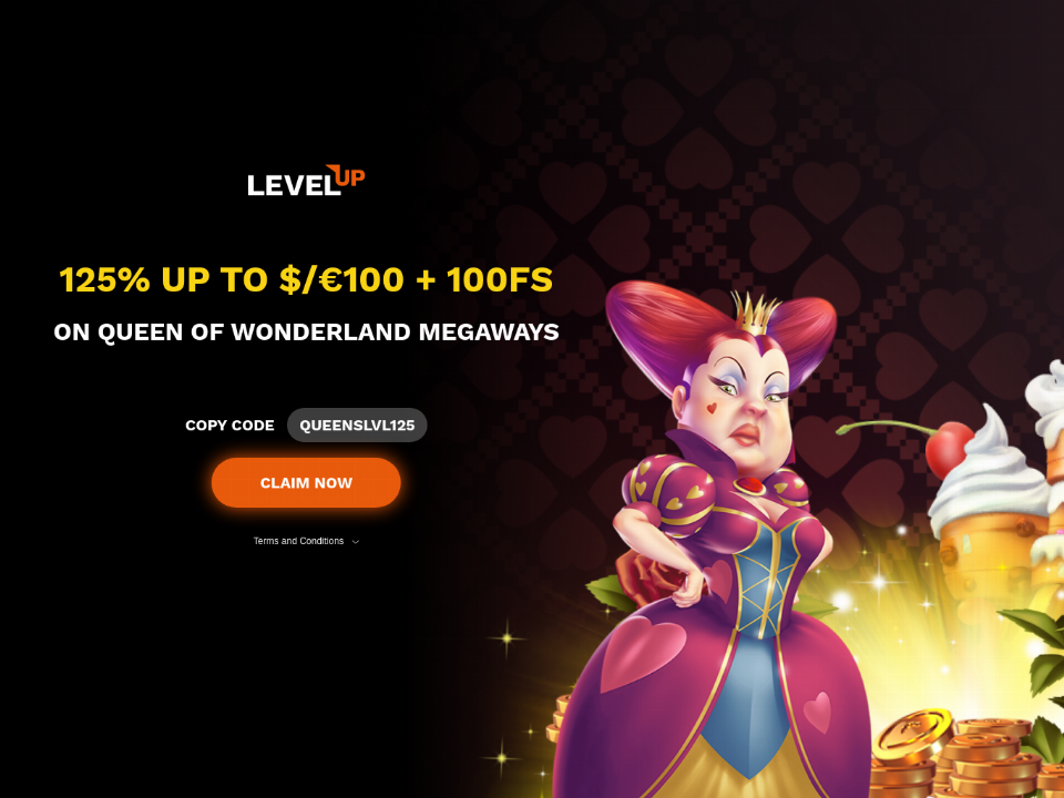 levelup-casino-125-match-plus-100-free-spins-on-queen-of-wonderland-megaways-special-welcome-package.png