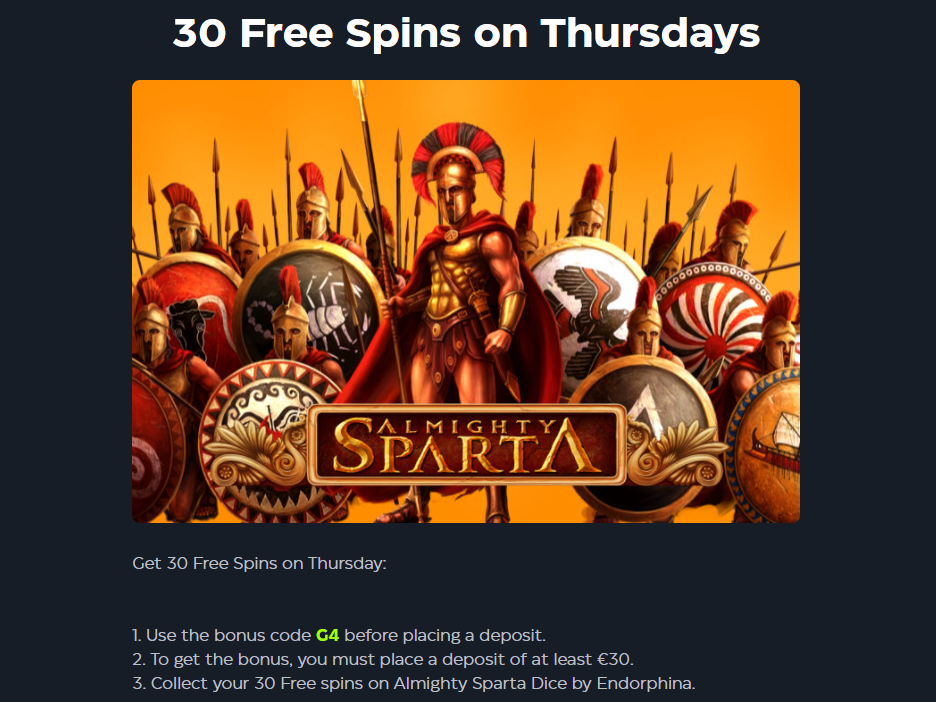 Gslot Casino: 30 FS on Almighty Sparta Dice Slot, Thursdays Bonus